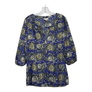 LOFT Women's Blue Paisley Print 3/4 Sleeve‎ V Neck Blouse Top XL